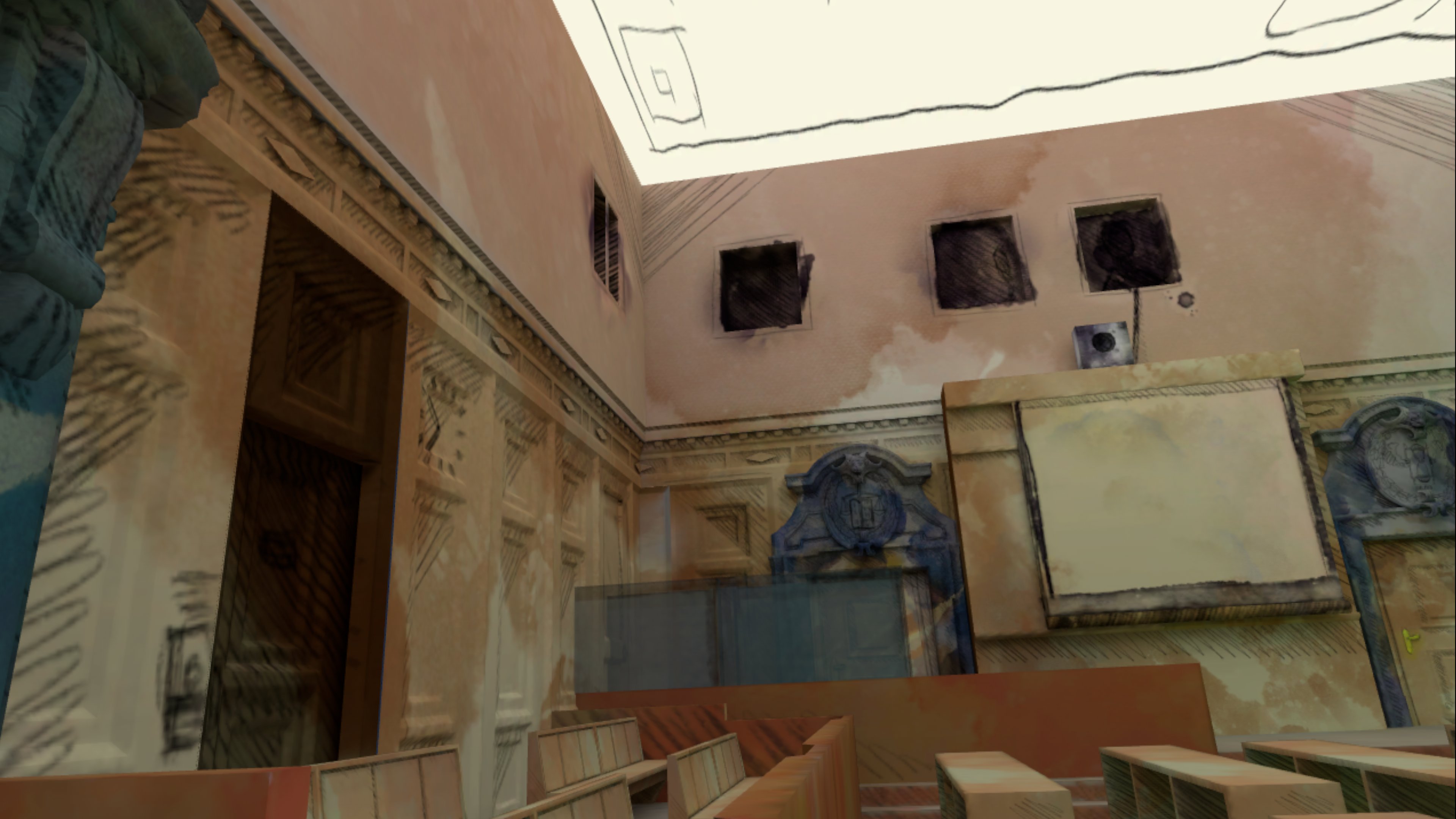 The defendants' box in Courtroom 600, rendered in a style inspired by courtroom sketches from the Trial of the Major War Criminals at Nuremberg, 1945–46.